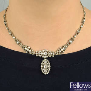A mid 19th century gold and silver rose-cut diamond floral necklace, with detachable drop.