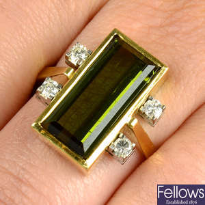 A mid 20th century 18ct gold green tourmaline and circular-cut diamond cocktail ring.