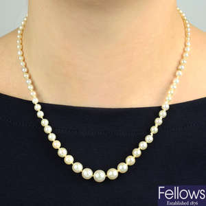 An early 20th century natural pearl necklace, with brilliant-cut diamond barrel clasp, with Wartski case.