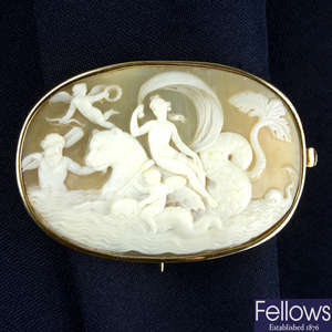 A late 19th century gold shell cameo brooch/belt clasp, carved to depict the birth of Venus.