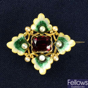 A late 19th century gold, garnet, enamel, split and seed pearl foliate brooch.