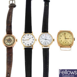 A group of four assorted 9ct yellow gold watches.