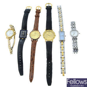 A group of six assorted watches, to include two examples by Raymond Weil and a Maurice Lacroix.