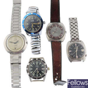 A group of five assorted watches, to include an example by Cyma and Bulova.