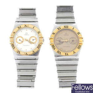 OMEGA - a bi-metal Constellation bracelet watch (33mm) together with a bi-metal Omega Constellation bracelet watch.