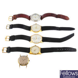 A group of five assorted watches, to include a Seikomatic and a Pulsar.
