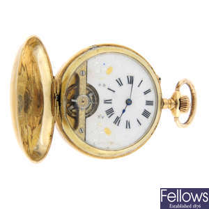 A yellow metal eight day full hunter pocket watch, 47mm.