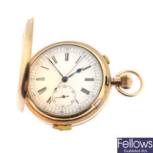A 9ct yellow gold full hunter chronograph minute repeater pocket watch, 57mm.