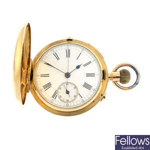 A yellow metal full hunter chronograph quarter repeater pocket watch, 52mm.