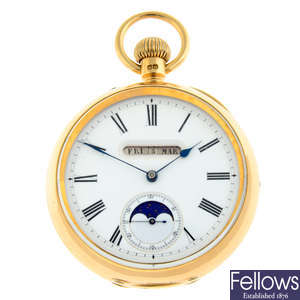 A 18ct yellow gold open face moonphase triple date pocket watch, 51mm.