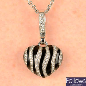 An 18ct gold diamond and black enamel striped heart pendant, by Theo Fennell, with non-designer 9ct gold chain.