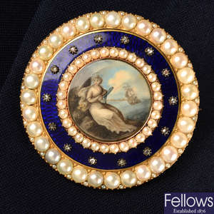 An antique portrait miniature, blue enamel, diamond point and split pearl memorial brooch, with floral engraved and glazed locket reverse.