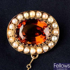 A late 19th century 14ct gold citrine and split pearl brooch.
