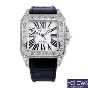 CARTIER - a diamond set stainless steel Santos 100 wrist watch, 38mm x 38mm.