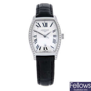 LONGINES - a factory diamond set stainless steel Evidenza wrist watch, 25x30mm.