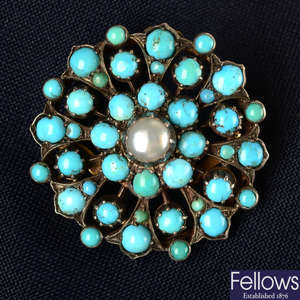 A late Victorian silver and gold turquoise and mabe pearl openwork brooch/pendant.