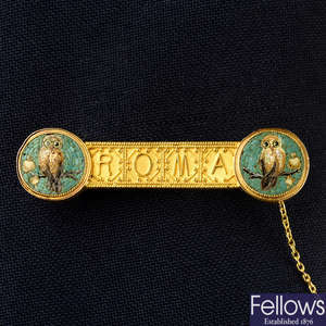 A late 19th century gold cannetille 'ROMA' brooch, with micro mosaic owl terminals.