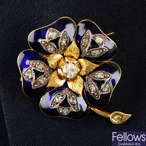 A late 19th century gold old and rose-cut diamond and blue enamel floral brooch.