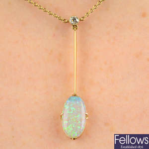 An early 20th century gold opal and old-cut diamond pendant, on chain.