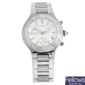 CARTIER - a stainless steel 21 Chronoscaph chronograph bracelet watch, 38mm.