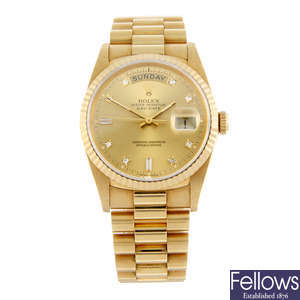 ROLEX - an 18ct yellow gold Oyster Perpetual Day-Date bracelet watch, 36mm.