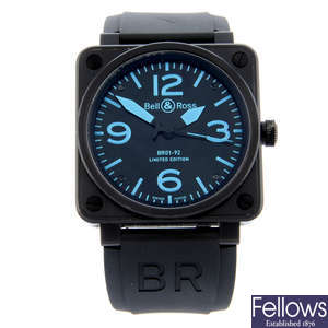 BELL & ROSS - a limited edition PVD-treated stainless steel BR01-92-SBlu wrist watch, 46mm.
