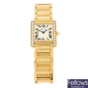 CARTIER - a diamond set 18ct yellow gold Tank Française bracelet watch, 20x20mm.