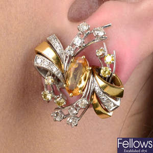 Yellow topaz, diamond & 'yellow' diamond earrings