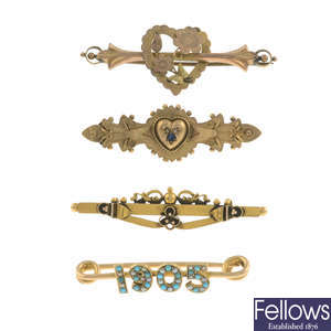 Four Victorian to later gold bar brooches