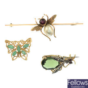 Three early 20th century gem insect brooches