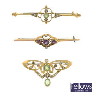 Three early 20th century gold & gem brooches.