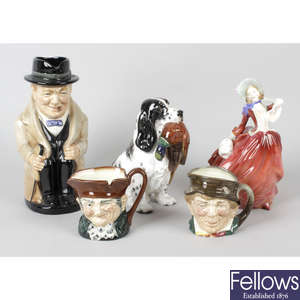 A mixed selection of assorted items, to include Royal Doulton figurine HN 1934, 'Autumn Breezes', Royal Doulton 'Winston Churchill' character jug, Royal Doulton Retriever, etc
