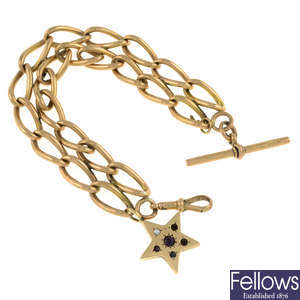 9ct gold two-row bracelet, suspending a gem-set star charm, converted from an early 20th century Albert chain