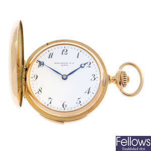 An enameled yellow metal minute repeater pocket watch by Patek Philippe, 50mm.