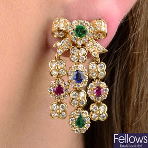 Diamond & gem bow fringe earrings