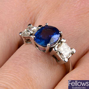 Platinum sapphire and diamond three-stone ring