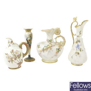 A Royal Worcester vase and jug and two Grainger & Co jugs