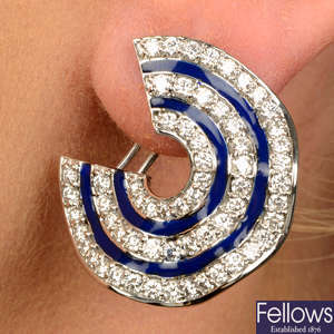 Diamond and blue enamel earrings