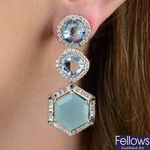 Blue topaz, dyed chalcedony & diamond earrings