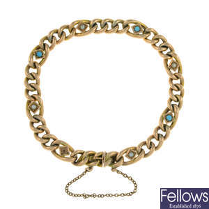 Edwardian 9ct gold turquoise & split pearl bracelet
