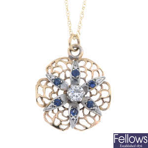 9ct gold diamond & sapphire pendant, with chain