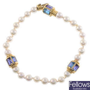 Cultured pearl topaz & amethyst bracelet