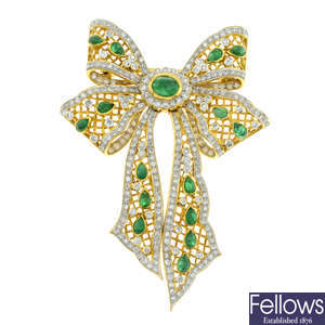 Emerald & diamond bow brooch