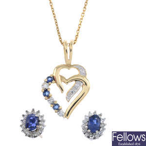 9ct gold sapphire & diamond earrings & pendant