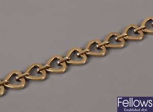 9ct gold open heart shape link bracelet, 27gms.