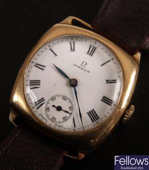 OMEGA - a 1930's gentleman's 9ct gold cushion