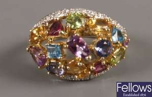 9ct gold multi gem cluster ring, a central open