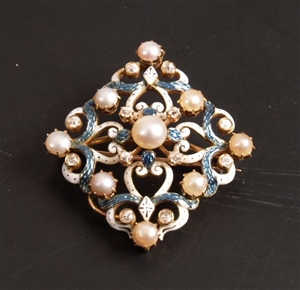 Diamond, enamel and pearl quatrefoil brooch