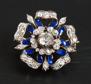 Old cut diamond and blue enamel brooch in the