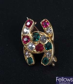 Diamond, emerald and ruby set brooch, alternating